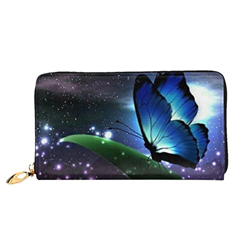 Cartera LINGF para Mujer, Cartera de Cuero con Cremallera Alrededor de la Mariposa Azul bajo la Luna para Mujer, Cartera para teléfono, Tarjetero de Viaje, Talla única