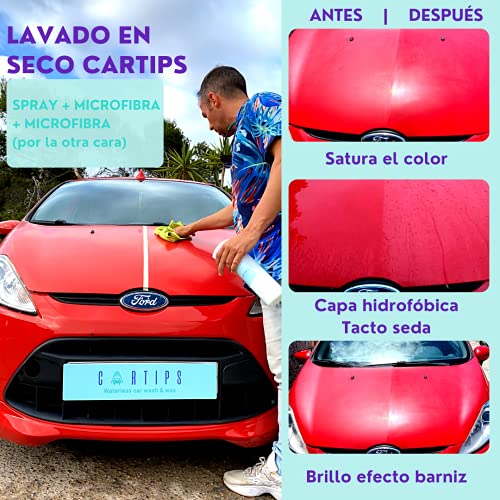 Cartips lavasec limpieza coche en seco con cera carnauba (500 ml) + paño de microfibra. Limpiador y abrillantador coche sin agua. Tratamiento detailing coche cartips lavado en seco.