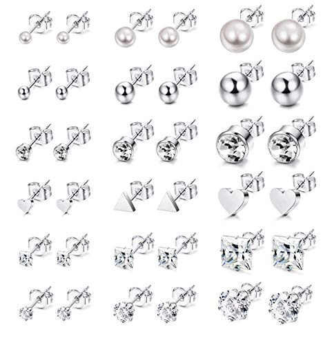 CASSIECA 18 Pares Acero Inoxidablede Pequeño Pendientes Studs Set para Mujer Niñas Pendientes Corazon Bolas Triangulo Pendientes Circonita Piercing Arete