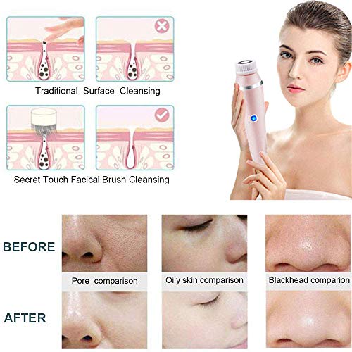 Cepillo Limpiador Facial 4 en 1, Cepillo Facial Recargable, Limpiador Facial Electrico con 4 Cabezales de Cepillo, 3 Modos de Rotación, para Limpieza Profunda, Exfoliante (Rosado)