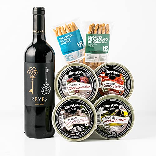 Cesta Gourmet Regalo - Lote Gourmet - Vino Tinto Reyes, Crema de Jamon Iberico, Crema de Chorizo, Pate de Aceituna Negra y Pate de Jabali y Rizaditos de Pan Guapo - Caja Regalo para Picoteo