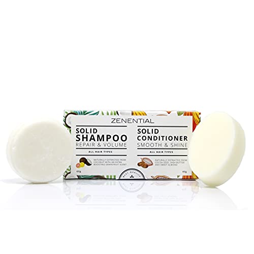 Champú + Acondicionador Sólidos, (60 g + 40 g) - Suave y Brillante - 100% Vegano y biodegradable. Libre de sulfatos y parabenos - de Zenential