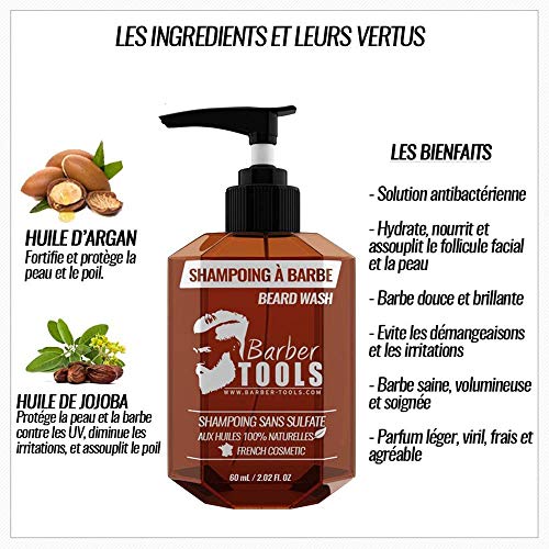 Champú sin sulfato para la barba - 150ml basado en Aceite de Argan y Aceite de Jojoba | Para el mantenimiento y cuidado de la barba - MADE IN FRANCE ✮ BARBER TOOLS ✮