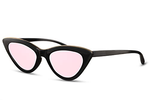 Cheapass Gafas de Sol Ojo de Gato Moderno con Montura de Barra Dorada Pequeña Negra y Lentes Rosas Espejadas UV400 Mujer