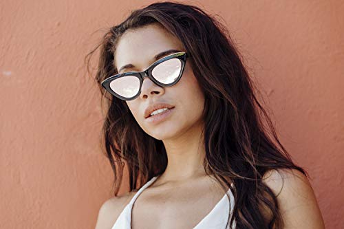 Cheapass Gafas de Sol Ojo de Gato Moderno con Montura de Barra Dorada Pequeña Negra y Lentes Rosas Espejadas UV400 Mujer