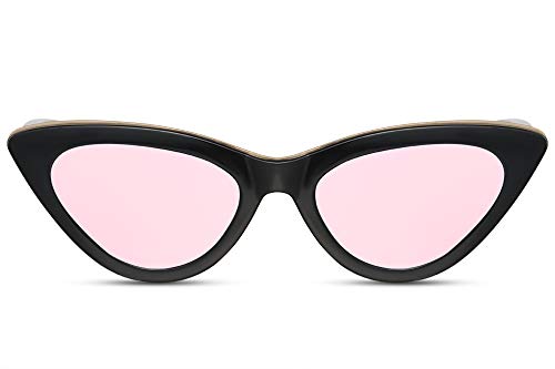 Cheapass Gafas de Sol Ojo de Gato Moderno con Montura de Barra Dorada Pequeña Negra y Lentes Rosas Espejadas UV400 Mujer