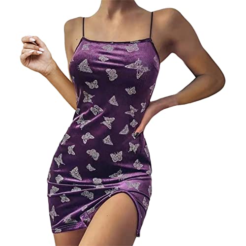 CHUXI 2022 Moda Mariposa Impreso Vestidos Para Mujer Sexy Correa De Espagueti Vestidos Slim Fit Club Vestido De Cadera, #2Púrpura, M