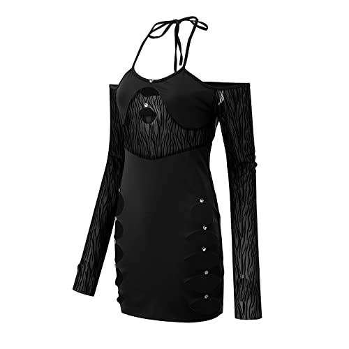 CHUXI 2022 Vestido hueco para mujer, vestido de club de manga larga fuera del hombro, mini vestido sexy de moda, vestido halter, #1Negro, S