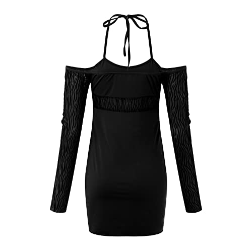 CHUXI 2022 Vestido hueco para mujer, vestido de club de manga larga fuera del hombro, mini vestido sexy de moda, vestido halter, #1Negro, S