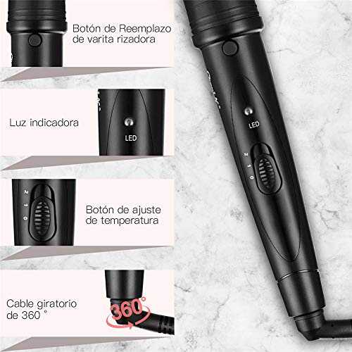 CkeyiN Rizador de Pelo,Planchas Rizadoras de Profesional,Muitifunción 5 en 1 con Barriles Intercambiables 9mm-32mm,con Pelo Kit Guante Resistente al Calor-Negro