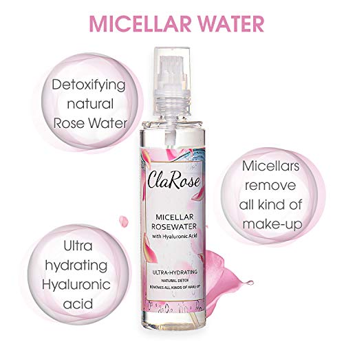 ClaRose - Agua micelar con ácido hialurónico y agua de rosas 100 % vegana, 150 ml