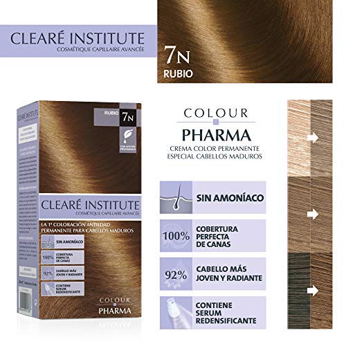 CLEARÉ INSTITUTE Colour Pharma, Tinte Sin Ppd Ni Amonicaco, Coloración Antiedad, 100% Cobertura de Canas Rebeldes, con Serum Redensificante, 7n. Rubio , 80ml