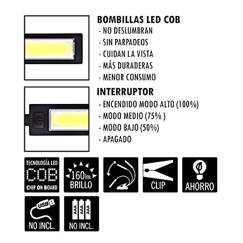 CLENERSA Luz de Lectura con Pinza, eBook, Tablet, 3 Modos de Luz, Pilas o USB, Color Negro