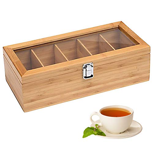 CMOISO Caja para Té de Bambú, Cajas para Infusiones, Té de Madera Multifuncional de 5 Compartimentos, Caja de Almacenamiento de Bolsitas de Té con Tapa Transparente