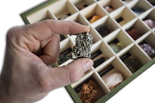 Colección de 30 Minerales del Mundo Premium en Caja de Madera Natural - Minerales Reales educativos de Gran tamaño con Hoja de descripción. Kit Geología para niños