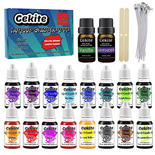 Colorante de cera para velas, 16 colores líquidos, incluye 2 aceites aromáticos para kit de fabricación de velas, cera de soja, cera de gel, cera de abeja, parafina con 20 mechas