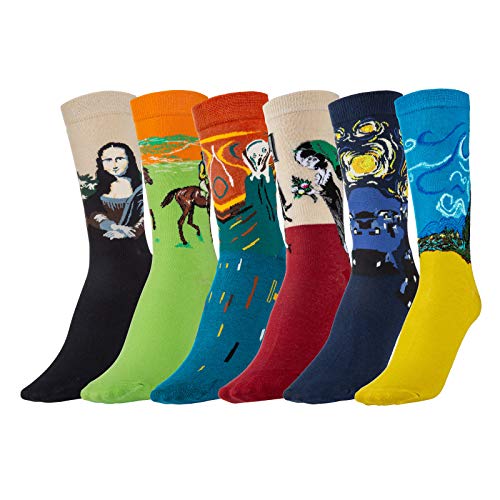 Comius Sharp Calcetines Estampados Hombre, 6 Para Pintura Famosa Medias Algodón Calcetín Colorido Diseño Divertido Hombre Transpirable Cómodo Calcetines Hombre Invierno