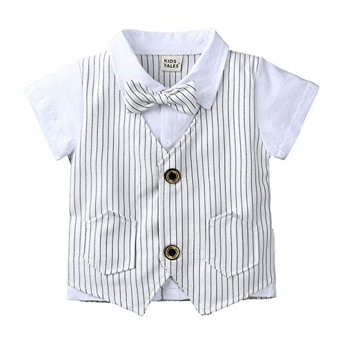 Conjunto De Ropa Bebé Niño Traje De Caballero Manga Corta Camiseta Y Pantalón con Chaleco Falso Niño Pequeño Infantil Trajes De Bautizo Traje De Cumpleaños De Fiesta De Bodas,Blanco,3~4 Years