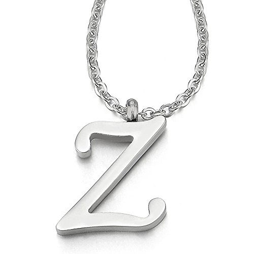 COOLSTEELANDBEYOND Nombre Inicial Letra del Alfabeto Z Colgante, Collar de Mujer Hombre, Acero Inoxidable,50cm Cadena Cuerda