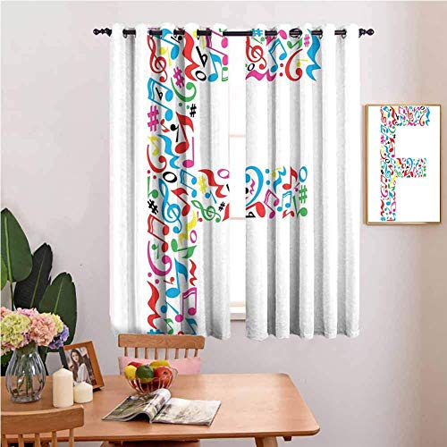 Cortinas impresas Letra F Letra F Alfabeto con notas musicales vibrantes Diseño de canción de armonía ABC Impresión gráfica Impresión multicolor Decoración para el hogar Cortinas de puertas correderas