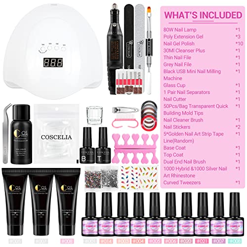 Coscelia Esmaltes Semipermanentes Kit 15ML Poly Nail Gel Kit Gel Constructor Uñas Gel de 3PCS Esmalte Semipermanente de 10PCS Lampara de 80W U-V/LED Pulidor de Uñas Base Top Manicura Kit