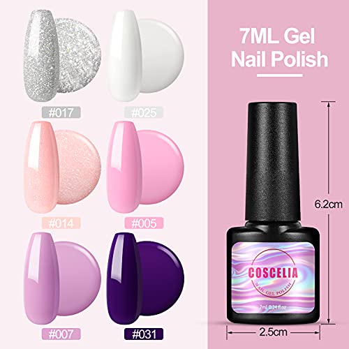 COSCELIA Kit Uñas Semipermanentes Con Lampara, Kit Unas De Gel de 6 Colores con Capa Superior y Base, Decoraciones de Uñas con Accesorios Para Manicura, Set De Manicura Y Pedicura