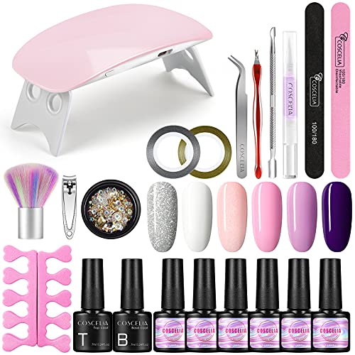 COSCELIA Kit Uñas Semipermanentes Con Lampara, Kit Unas De Gel de 6 Colores con Capa Superior y Base, Decoraciones de Uñas con Accesorios Para Manicura, Set De Manicura Y Pedicura