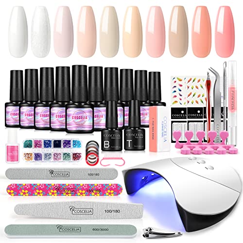 COSCELIA Kit Uñas Semipermanentes con Lampara Uñas Permanentes, Kit Uñas De Gel de 10 Colores, Base y Top Coat, Accesorios Para Manicura Semipermanente Kit Completo All For Manicure Nail Set