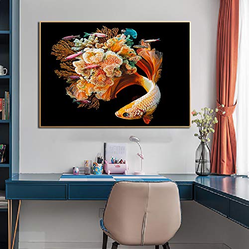 Cuadro En Lienzo CláSico Pez Flor Algas Marinas ImáGenes De Animales Carteles E Impresiones Arte De La Pared Para La DecoracióN De La Sala De Estar 70x90cm (28x36") Sin Marco