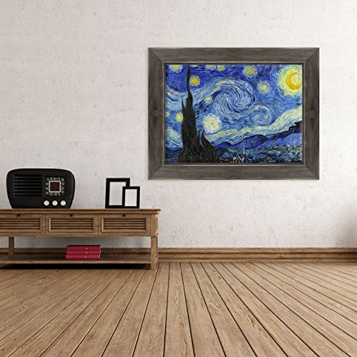 Cuadro sobre lienzo enmarcado con marco de Van Gogh Starry Night - Noche estrellada - 30 x 40 cm - Estilo Country Negro Shabby - (cód. 2671)