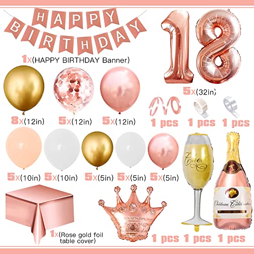 Cumpleaños Decoraciones Mujeres 18 Años, Decoración Fiesta Oro Rosa con 18 Globos Nymber, Pancarta Feliz Cumpleaños, Mantel Oro Rosa, Oro Rosa Globos para Decoraciones Fiesta Cumpleaños 18 Mujeres