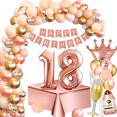 Cumpleaños Decoraciones Mujeres 18 Años, Decoración Fiesta Oro Rosa con 18 Globos Nymber, Pancarta Feliz Cumpleaños, Mantel Oro Rosa, Oro Rosa Globos para Decoraciones Fiesta Cumpleaños 18 Mujeres