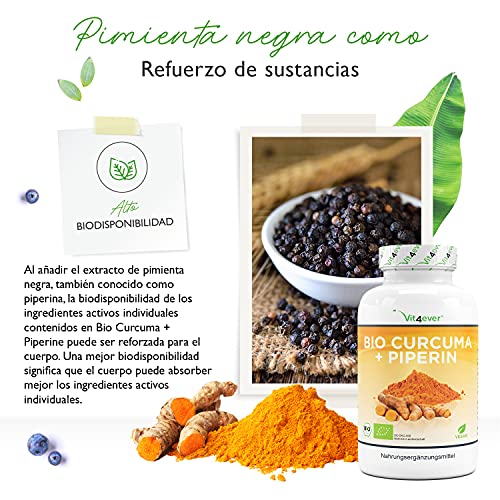 Cúrcuma orgánica - 365 cápsulas veganas - 4560 mg (cúrcuma orgánica + pimienta negra) por porción diaria - Con curcumina y piperina - Altamente dosificado - Vegano