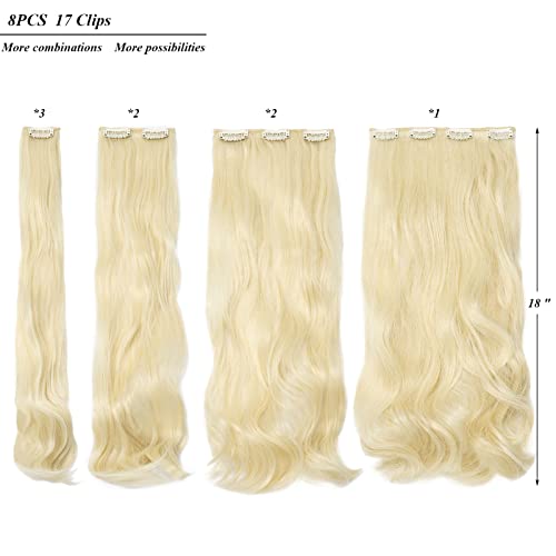 Cybelleza Extensiones de Cabello de Clip 8 Piezas Extensiones de Clip de Pelo Natural Sintéticas Ondulado Rizadas Largo Cabeza Completa, Blanqueador rubia