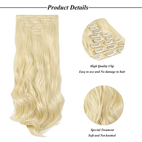 Cybelleza Extensiones de Cabello de Clip 8 Piezas Extensiones de Clip de Pelo Natural Sintéticas Ondulado Rizadas Largo Cabeza Completa, Blanqueador rubia