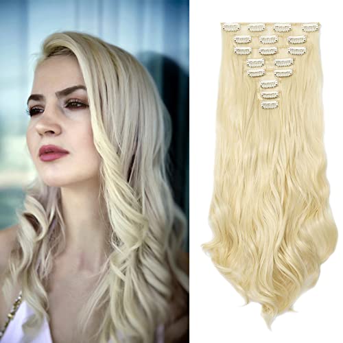 Cybelleza Extensiones de Cabello de Clip 8 Piezas Extensiones de Clip de Pelo Natural Sintéticas Ondulado Rizadas Largo Cabeza Completa, Blanqueador rubia