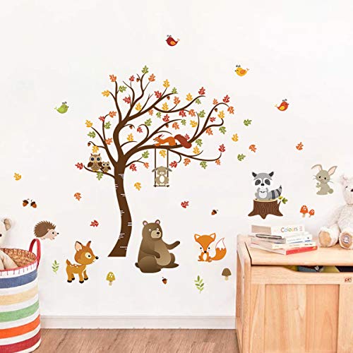 decalmile Pegatinas de Pared Animales del Bosque Árbol Vinilos Decorativos Búho Zorro Ciervo Adhesivos Pared Habitación Infantiles Niños Bebés Guardería (H:79cm)