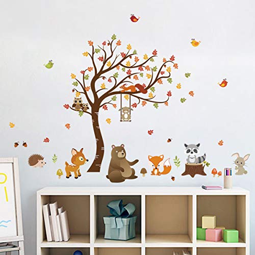 decalmile Pegatinas de Pared Animales del Bosque Árbol Vinilos Decorativos Búho Zorro Ciervo Adhesivos Pared Habitación Infantiles Niños Bebés Guardería (H:79cm)