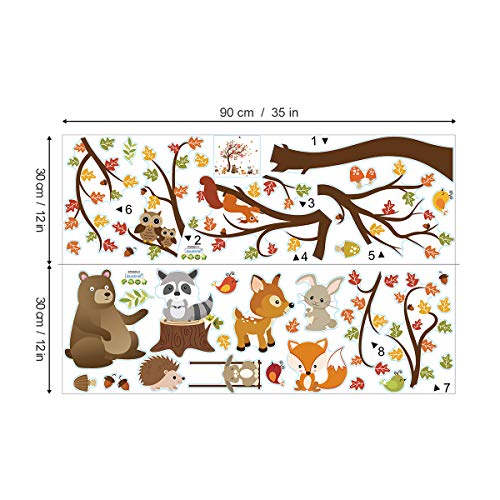 decalmile Pegatinas de Pared Animales del Bosque Árbol Vinilos Decorativos Búho Zorro Ciervo Adhesivos Pared Habitación Infantiles Niños Bebés Guardería (H:79cm)