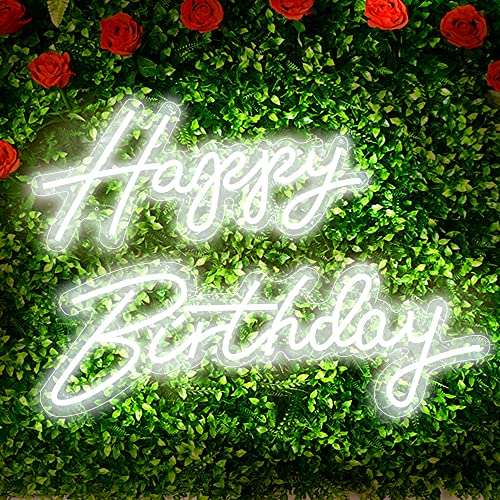 DECO Letreros de luz LED Letrero de 56 x 40 cm neón de Happy Birthday, fondo transparente con luz de neón flexible LED para bar, cerveza, decoración de pared, luces de fiesta (Blanco 56cm)