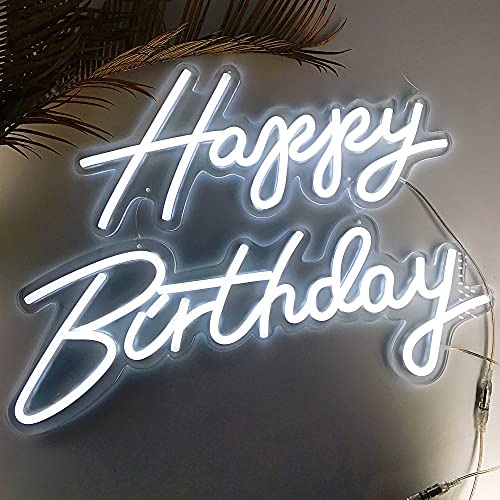 DECO Letreros de luz LED Letrero de 56 x 40 cm neón de Happy Birthday, fondo transparente con luz de neón flexible LED para bar, cerveza, decoración de pared, luces de fiesta (Blanco 56cm)