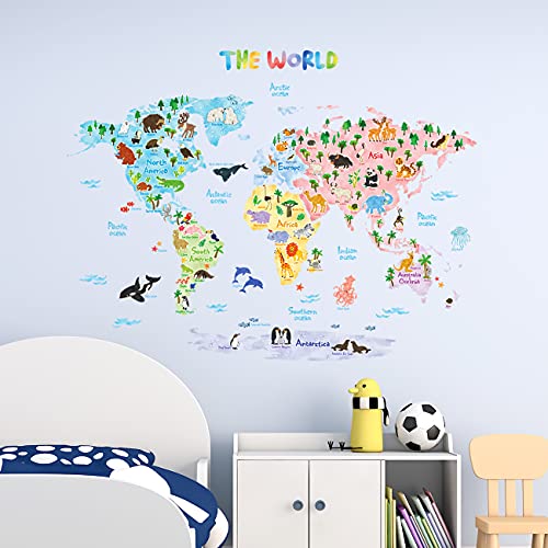 DECOWALL DLT-1615 Mapamundi Animales Vinilo Pegatinas Decorativas Adhesiva Pared Dormitorio Salón Guardería Habitación Infantiles Niños Bebés (Extra Grande) (English Ver.)