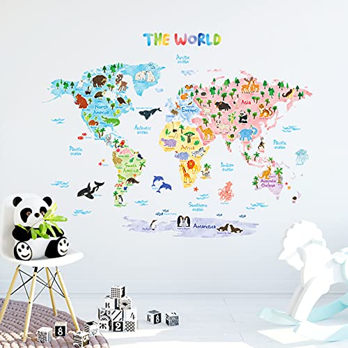 DECOWALL DLT-1615 Mapamundi Animales Vinilo Pegatinas Decorativas Adhesiva Pared Dormitorio Salón Guardería Habitación Infantiles Niños Bebés (Extra Grande) (English Ver.)