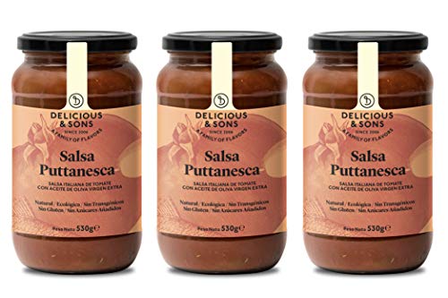 Delicious & Sons Salsa Puttanesca - Ecológica - Sin Transgénicos - Sin Gluten - Sin Azúcares Añadidos - Apta para dietas Paleo y Keto - 530g (Pack de 3)