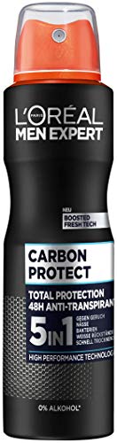 Desodorante L'Oréal Men Expert Carbon Protect 4 en 1, antitranspirante, protege contra la humedad de las axilas y el olor corporal y sorprende por su aroma masculino (6 x 150 ml).