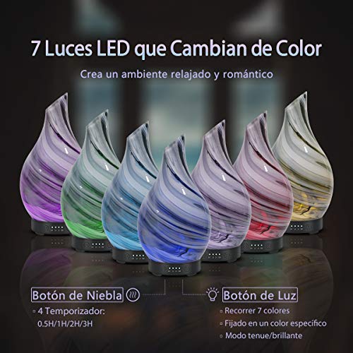 Difusor de aceite esencial 120ML Aroma Humidificador ultrasónico 7 Luces nocturnas que cambian de color con vidrio para la oficina de yoga en casa