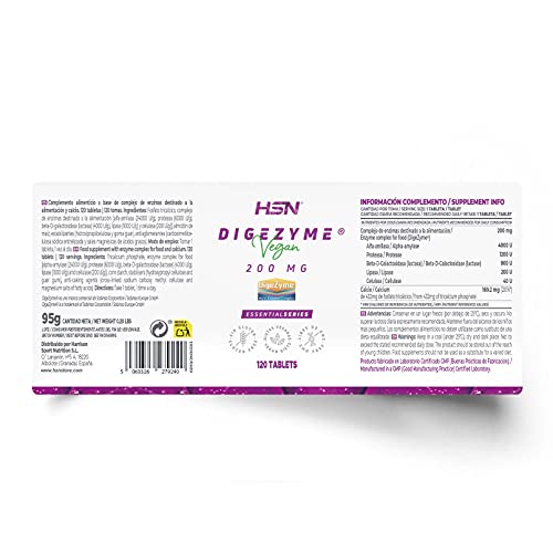 Digezyme Enzimas Digestivas de HSN | 120 Tabletas 200 mg Complejo Patentado para Mejorar la Digestión de Proteínas, Hidratos y Grasas | Absorción de Nutrientes | No-GMO, Vegano, Sin Gluten