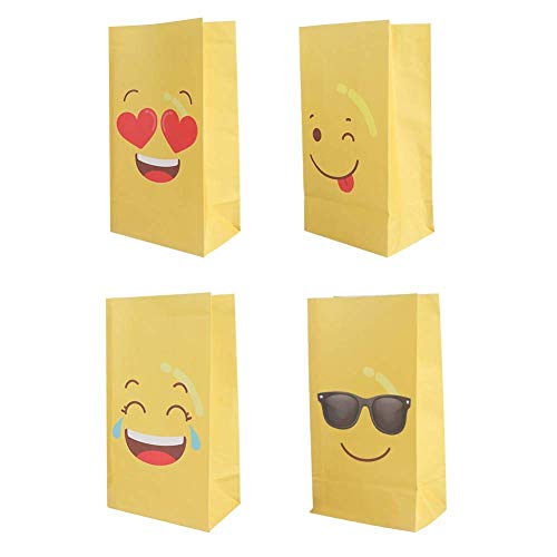 DISOK Lote de 12 Bolsas de Regalo Infantiles para Niños EMOTICONOS con Cierre Adhesivo Pegatina 22 x 12 cm - Bolsas Baratas Originales de Papel para Caramelos, Detalles y Regalos