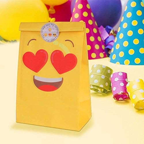 DISOK Lote de 12 Bolsas de Regalo Infantiles para Niños EMOTICONOS con Cierre Adhesivo Pegatina 22 x 12 cm - Bolsas Baratas Originales de Papel para Caramelos, Detalles y Regalos