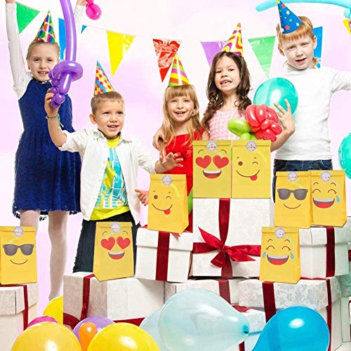 DISOK Lote de 12 Bolsas de Regalo Infantiles para Niños EMOTICONOS con Cierre Adhesivo Pegatina 22 x 12 cm - Bolsas Baratas Originales de Papel para Caramelos, Detalles y Regalos